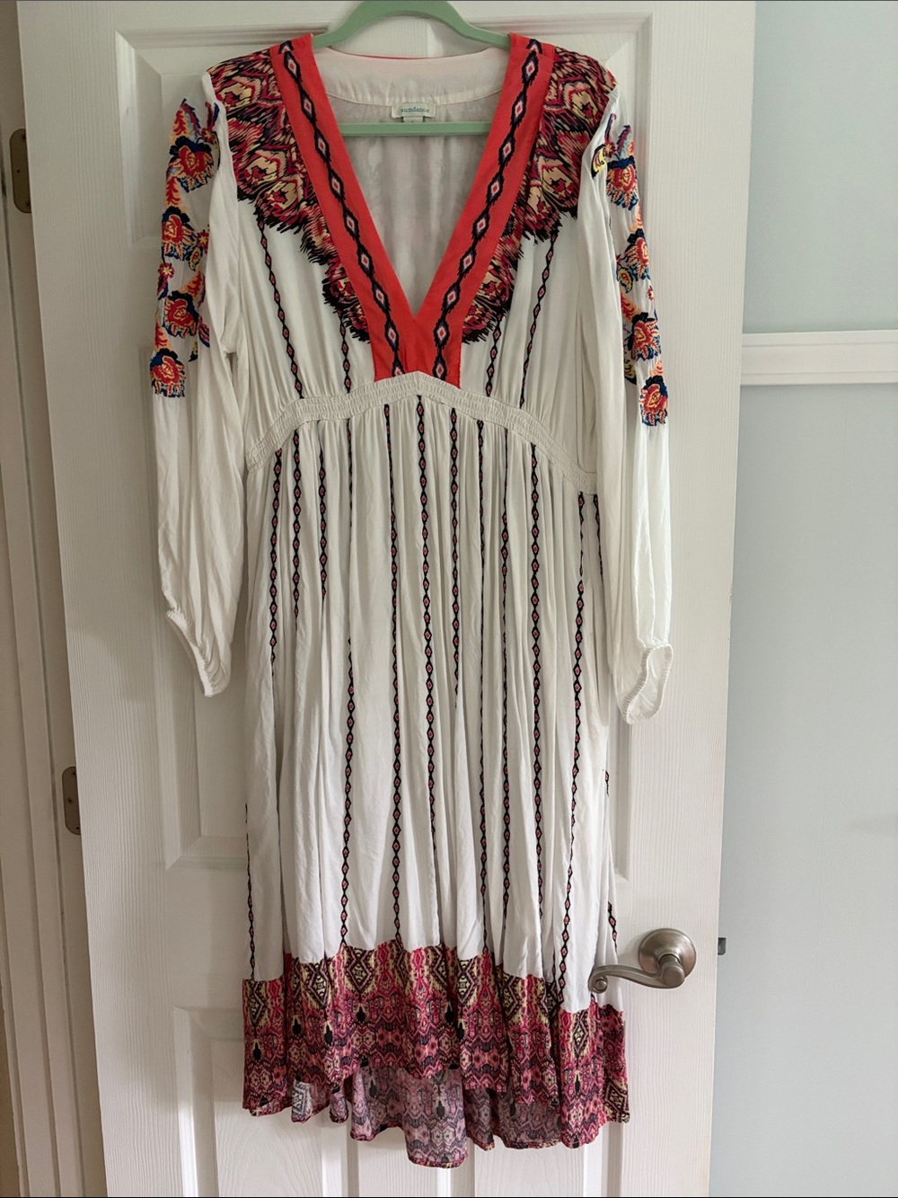 Sundance White Maxi Dress with Coral Trim and Multicolor Embroidery